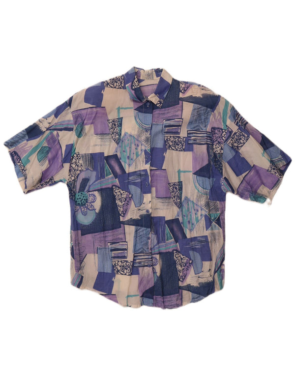 Camisa feminina vintage de manga curta UK 18 XL patchwork multicolorido