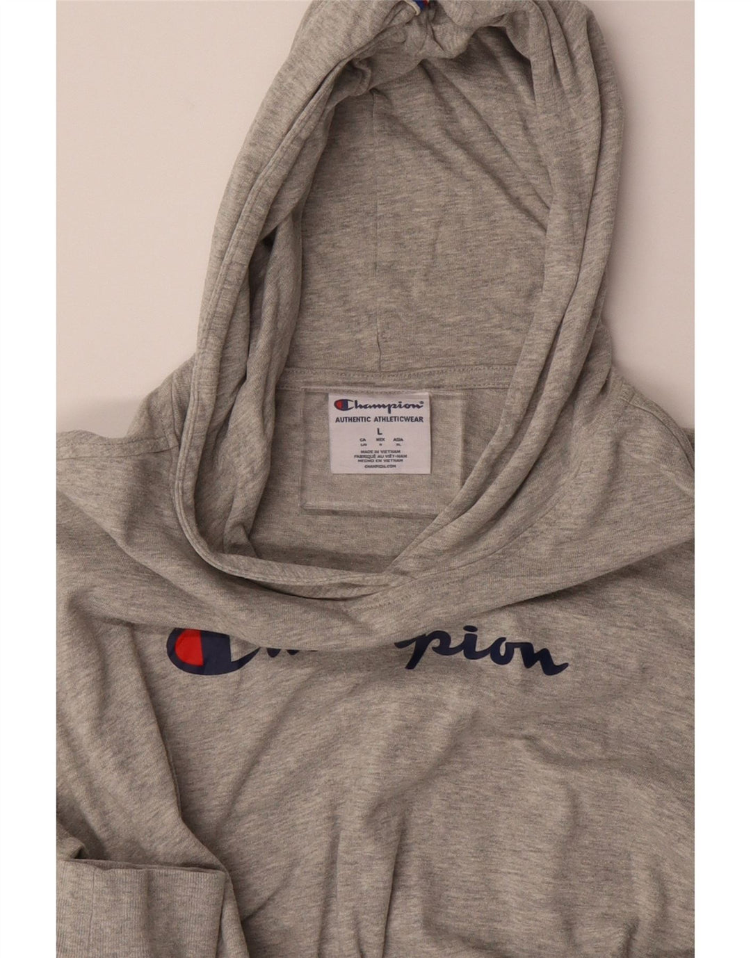 CHAMPION Womens Graphic Hoodie Jumper UK 16 Large Grey Vintage Champion and Second-Hand Champion from Messina Hembry 