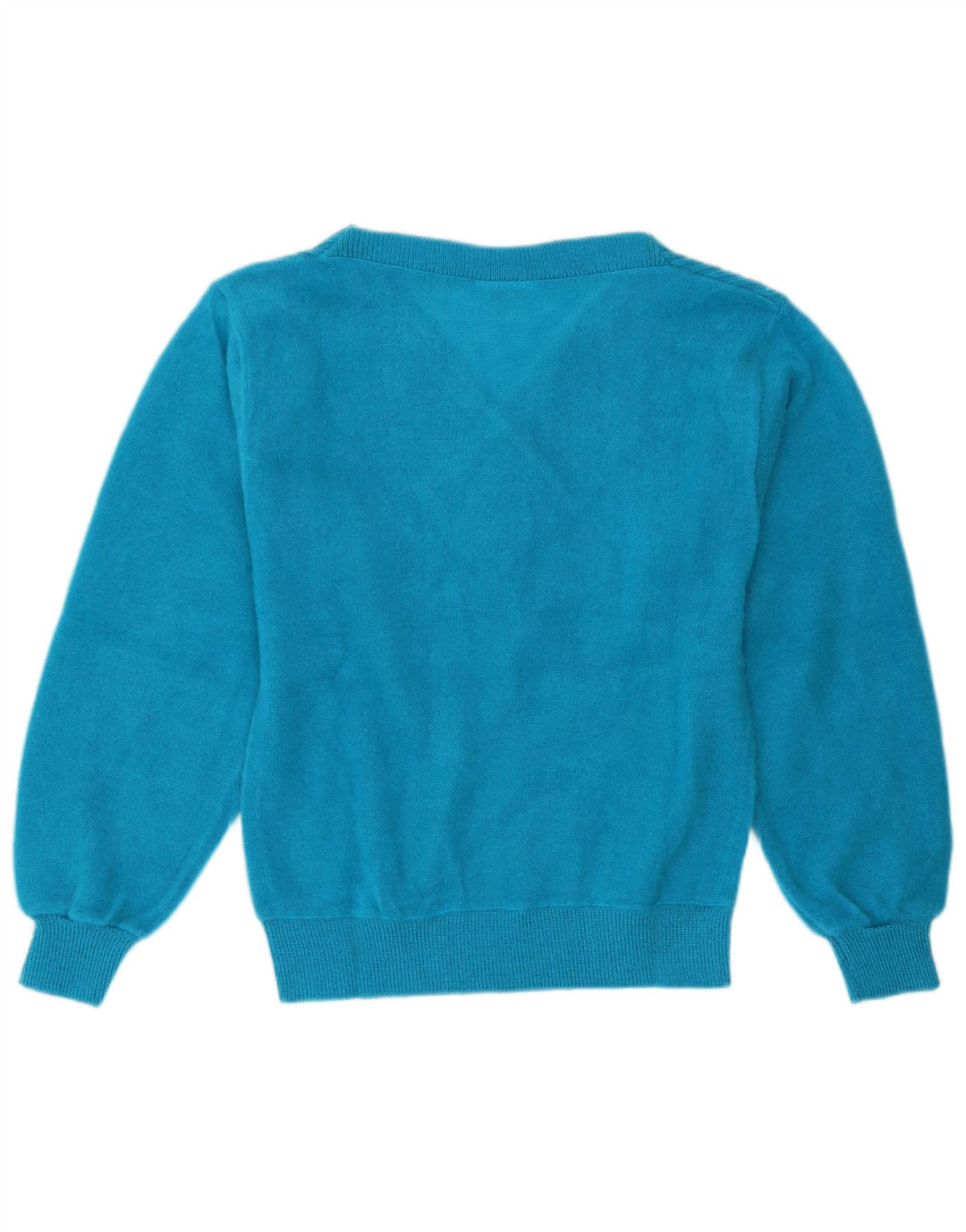 Suéter feminino vintage com decote em V Reino Unido 12 acrílico azul médio