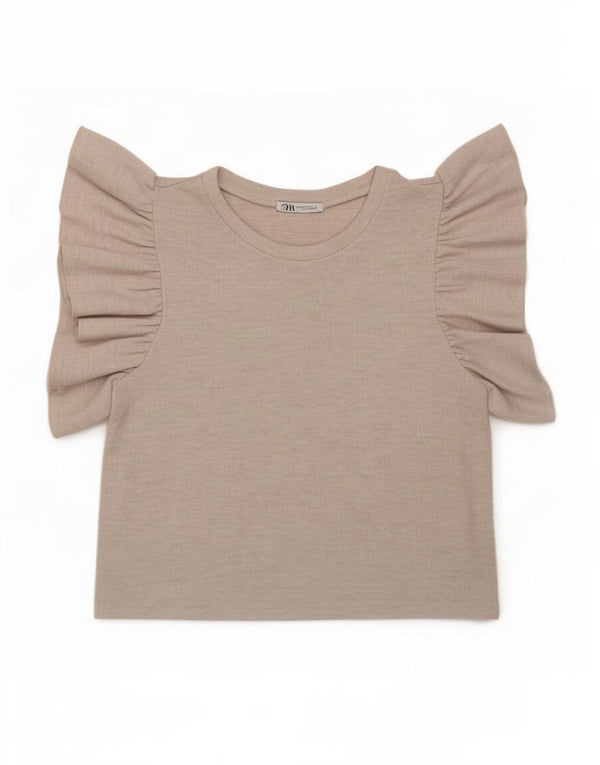 Camiseta feminina Zara Crop Top UK 12 poliéster bege médio