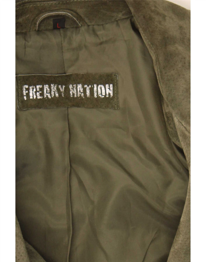 Jaqueta feminina de camurça para motociclista Freaky Nation Reino Unido 14 grande couro cáqui