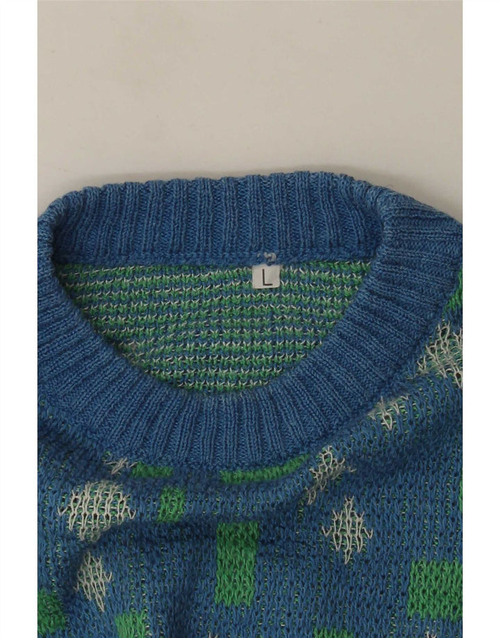 Suéter vintage masculino com gola redonda grande azul geométrico