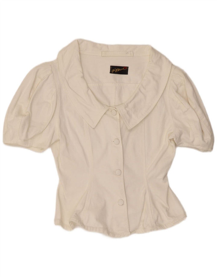 Blusa feminina vintage manga curta UK 12 médio branco