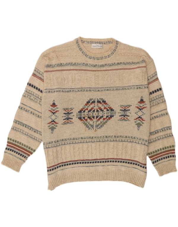 Marks & Spencer Mens Crew Neck Jumper Sweater XL Beige Fair Isle Cotton