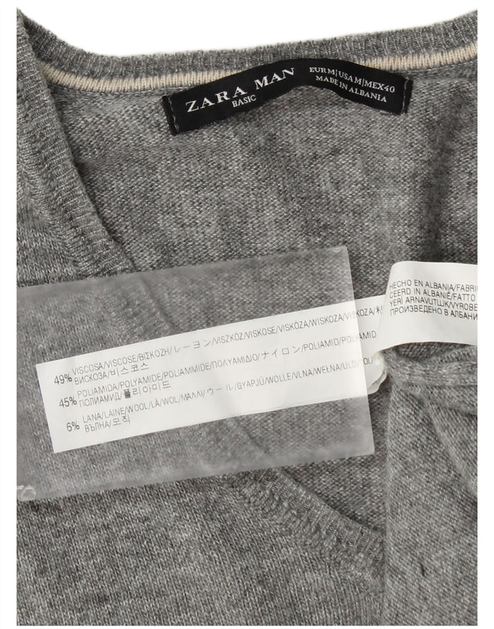Zara Suéter masculino com decote em V, viscose cinza médio