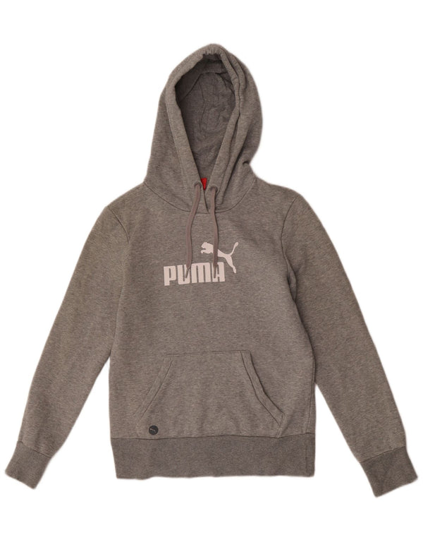 Puma feminino gráfico moletom com capuz UK 12 algodão manchado cinza médio