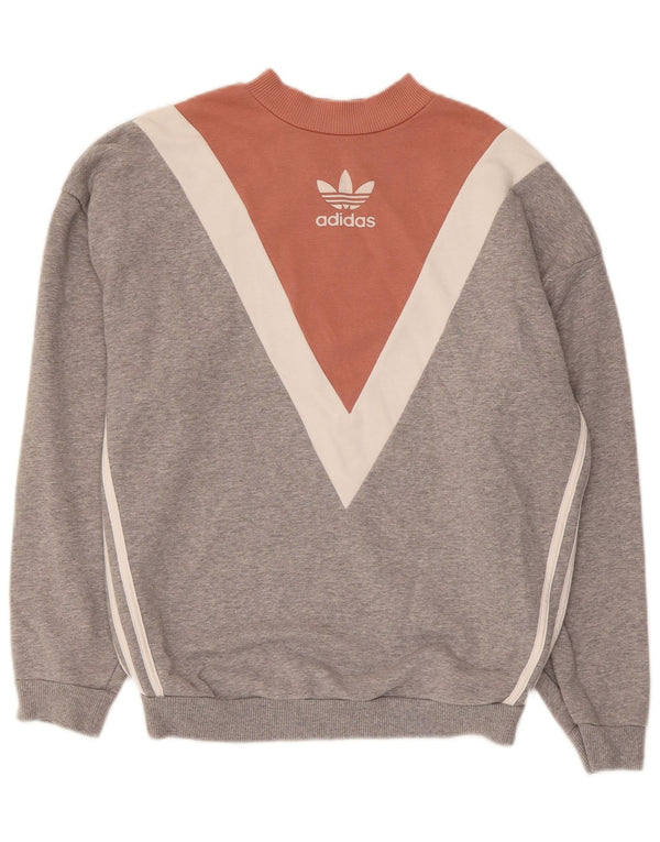 Adidas feminino oversized moletom jumper UK 6 XS cinza colorblock algodão