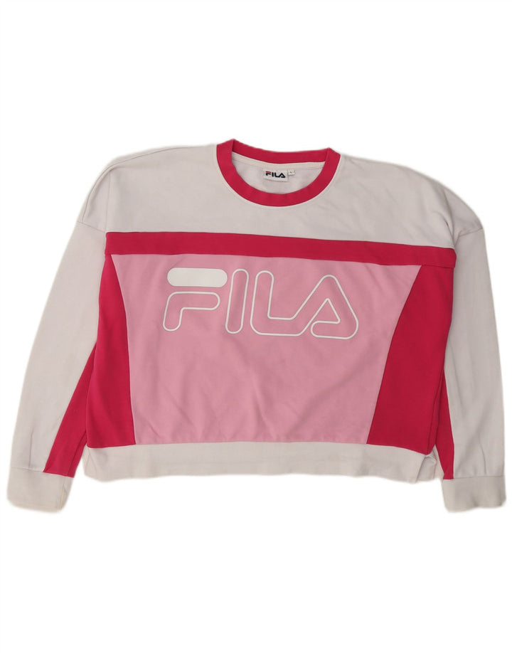 Moletom feminino Fila Oversized Crop Jumper UK 16 grande bloco colorido branco