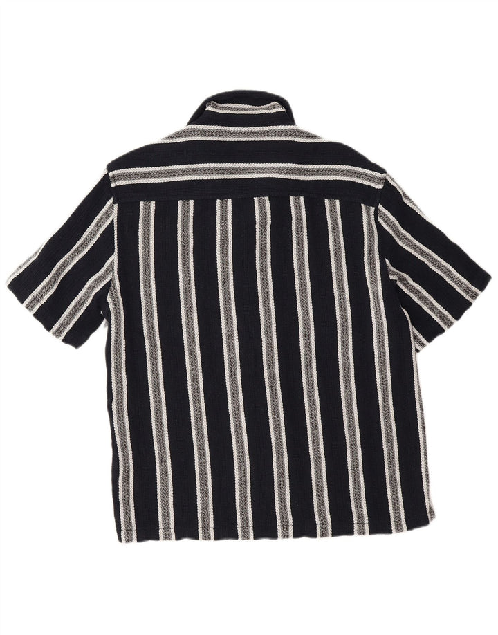 Zara Camisa masculina de manga curta pequena listrada azul marinho de algodão