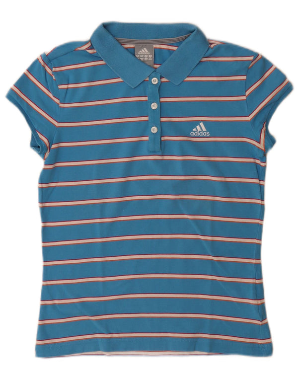 Adidas Womens Polo Shirt UK 12 Medium Blue Striped Cotton