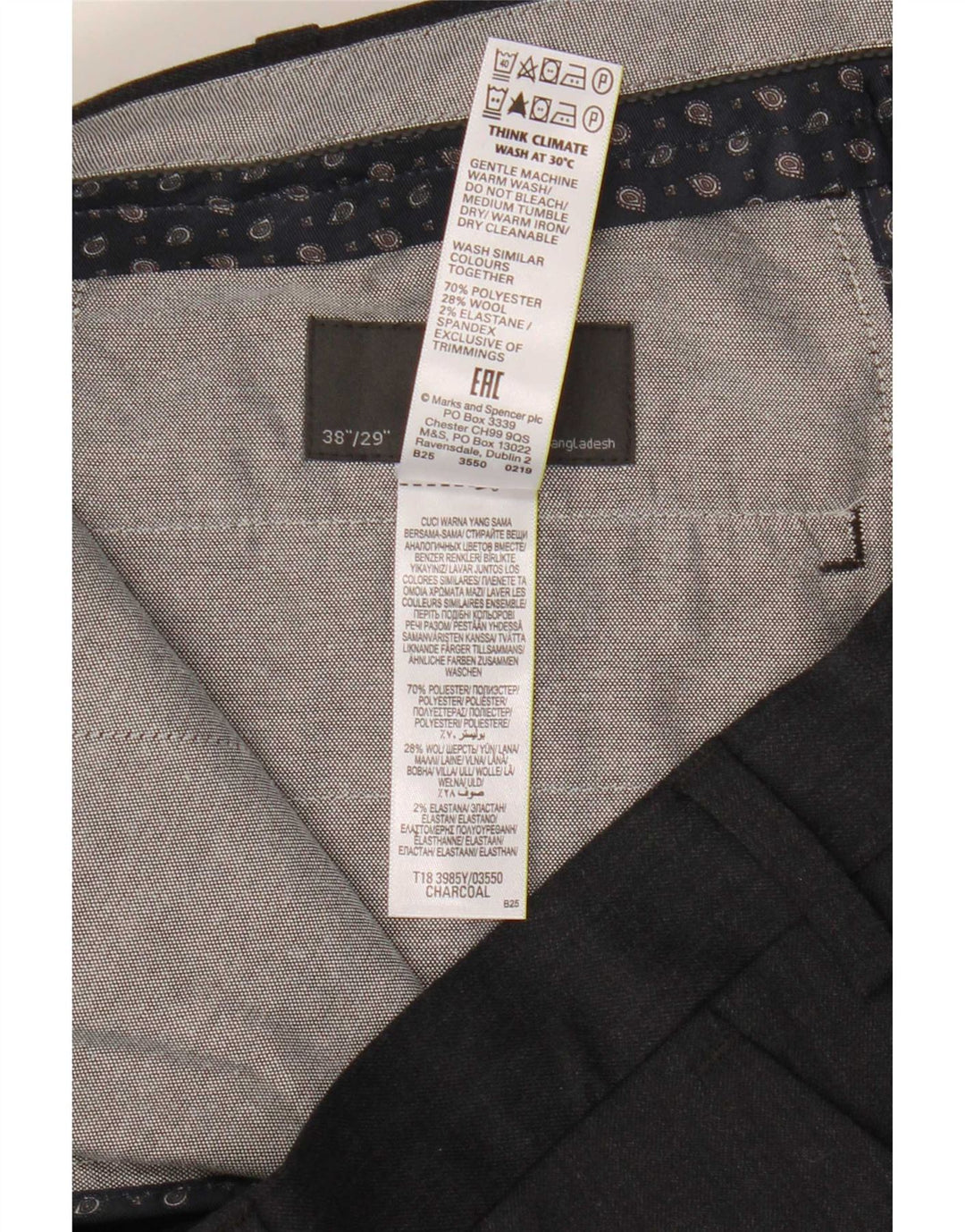 Calça masculina de terno regular Marks & Spencer W38 L29 poliéster cinza