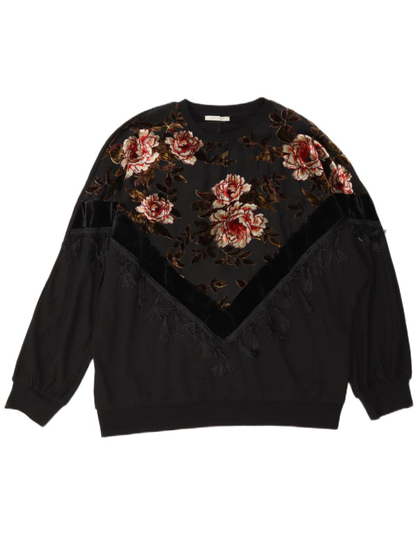 Zara Suéter feminino oversized com gola redonda Reino Unido 10 pequeno preto floral