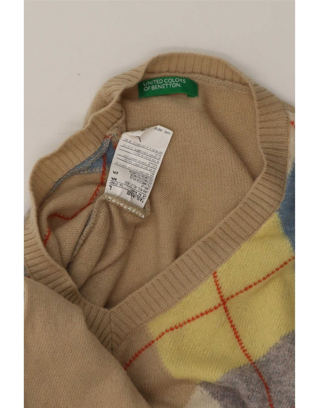 Suéter masculino Benetton com decote em V grande bege argyle/lã diamante