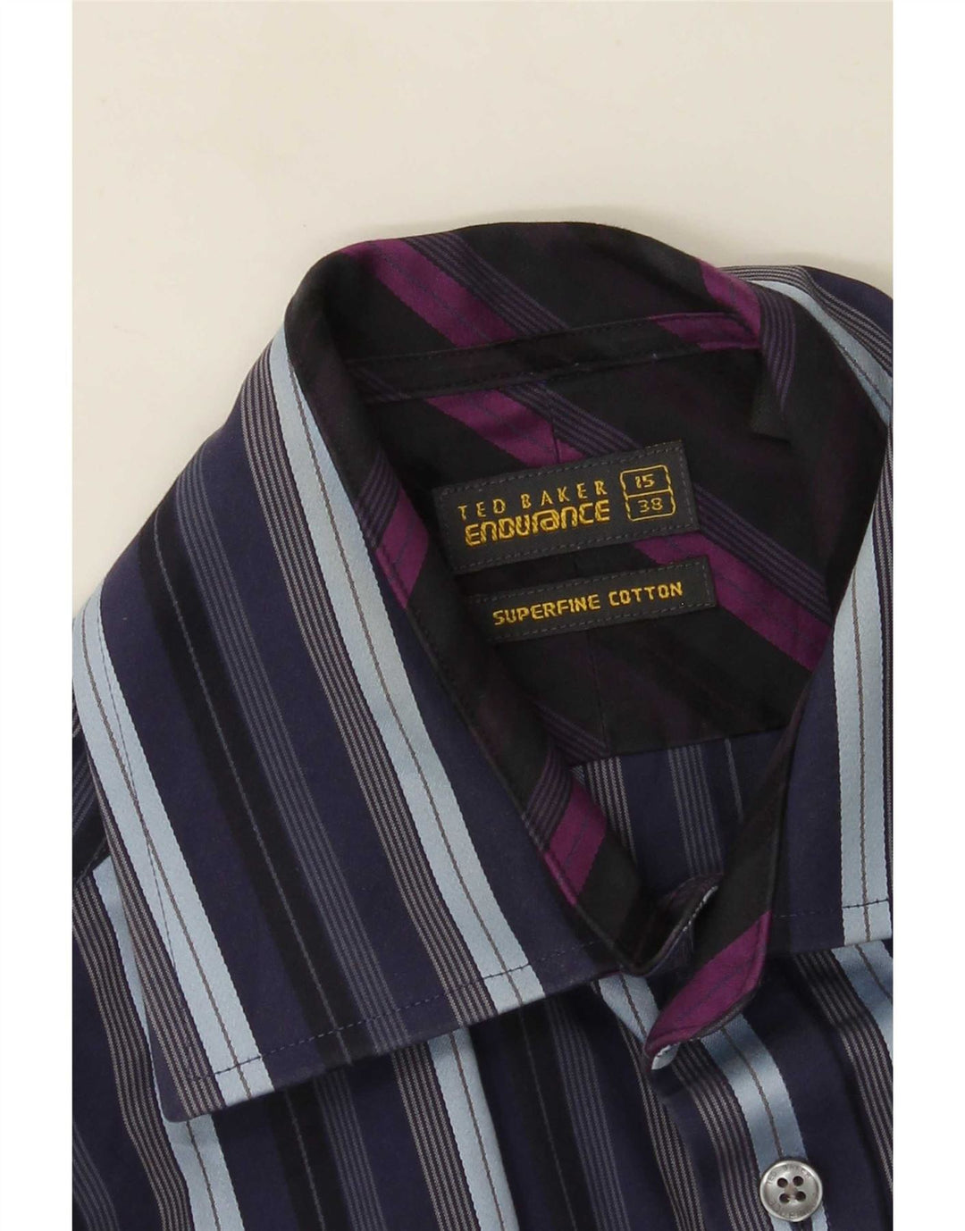 Camisa formal masculina Ted Baker tamanho 38 15 algodão listrado azul marinho médio