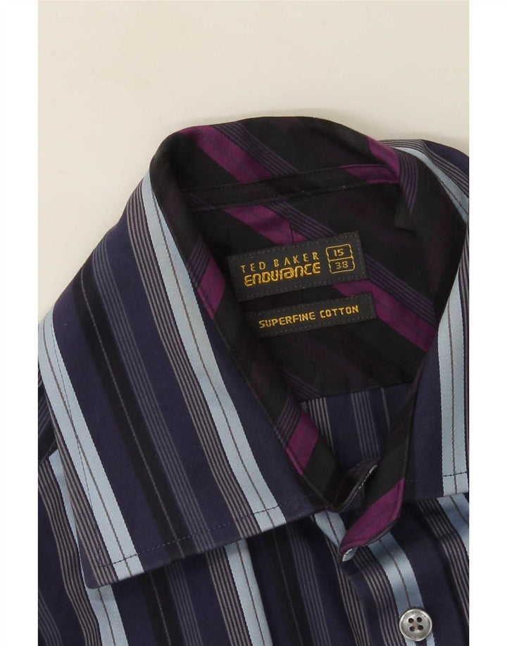 Camisa formal masculina Ted Baker tamanho 38 15 algodão listrado azul marinho médio