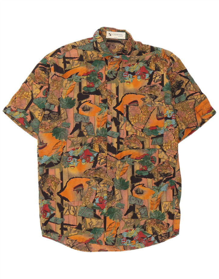 Camisa masculina vintage abstrata padrão manga curta pequena multicolorida
