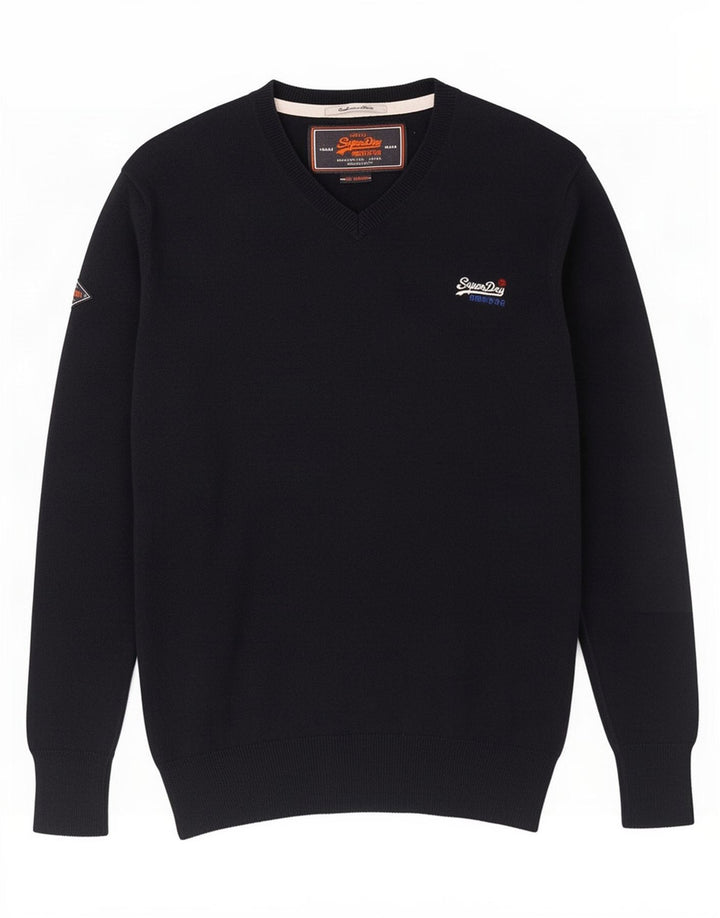 Suéter masculino Superdry com decote em V, algodão azul marinho médio