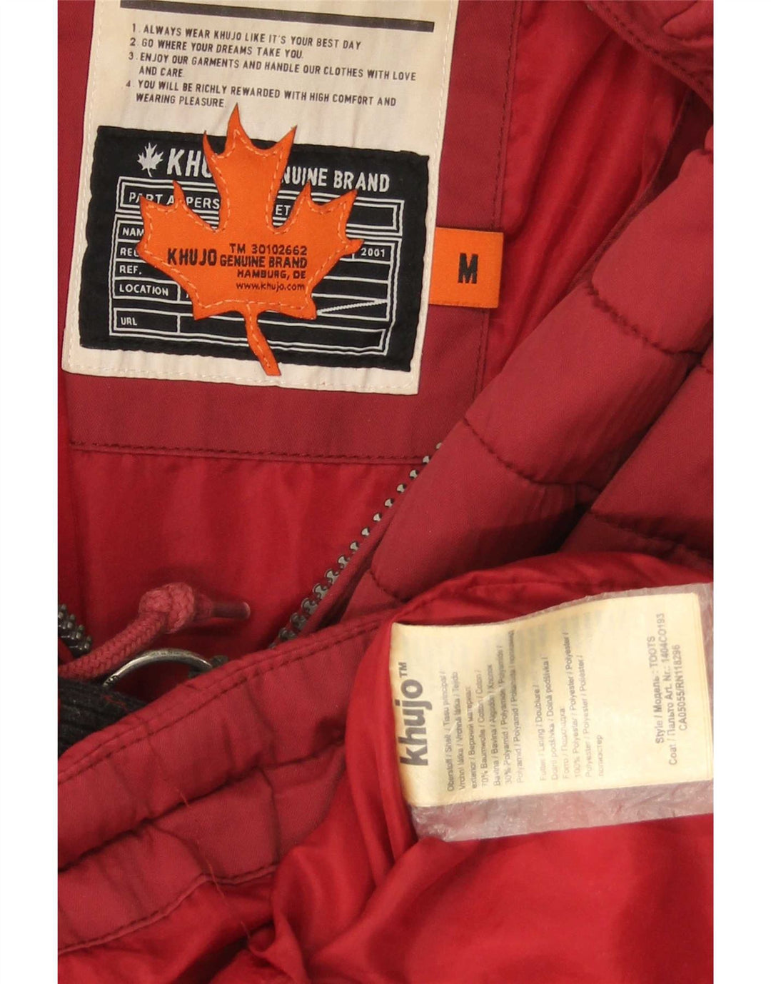 Casaco feminino acolchoado com capuz KHUJO Reino Unido 14 algodão vermelho médio