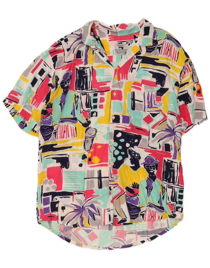 Camisa masculina vintage de manga curta com retalhos multicoloridos médios