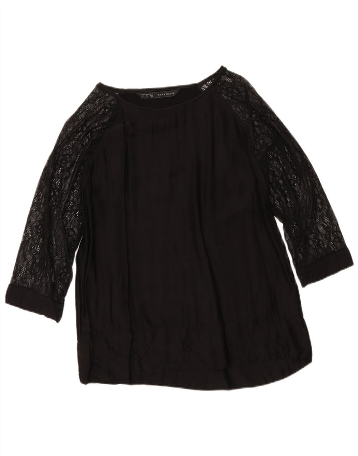Top feminino Zara manga 3/4 Reino Unido 16 grande viscose preta