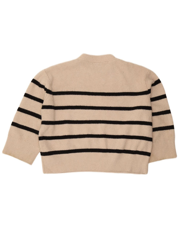 Suéter feminino Zara manga 3/4 com gola redonda Reino Unido 18 XL listrado branco