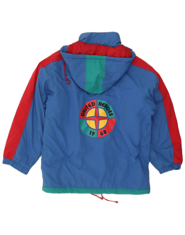 Jaqueta de esqui masculina vintage com capuz gráfico UK 40 grande bloco colorido azul