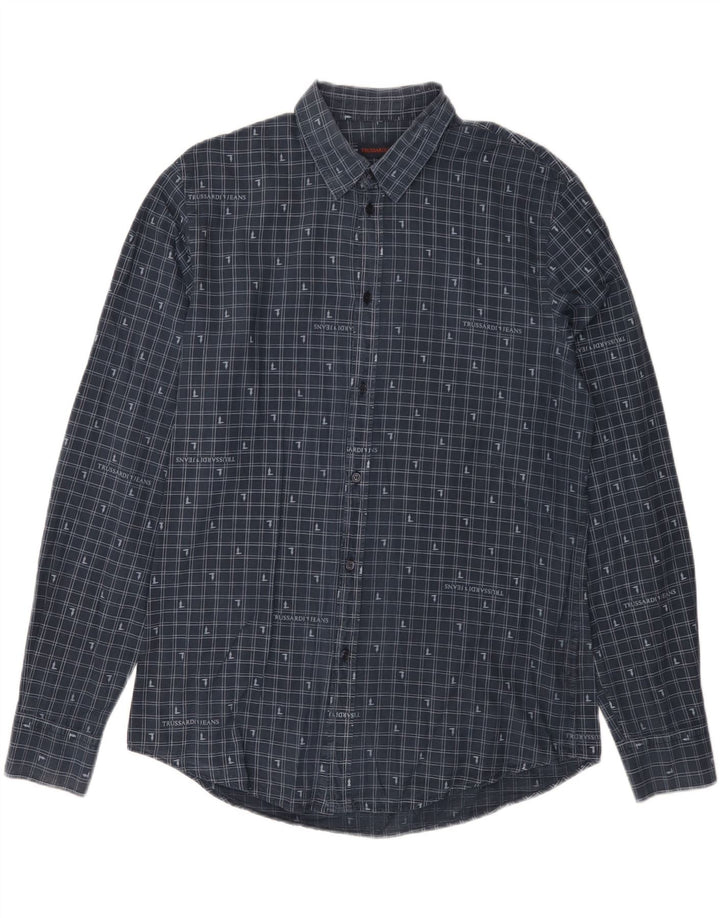 Trussardi Jeans Camisa masculina tamanho 42 grande azul marinho guingão