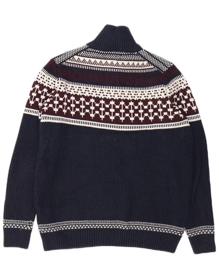Suéter masculino Marks & Spencer com zíper e gola grande azul marinho Fair Isle