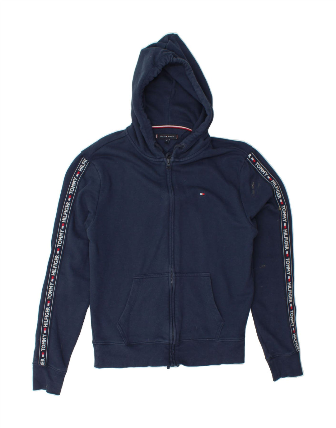 TOMMY HILFIGER Mens Graphic Zip Hoodie Sweater Medium Navy Blue Cotton Vintage Tommy Hilfiger and Second-Hand Tommy Hilfiger from Messina Hembry 
