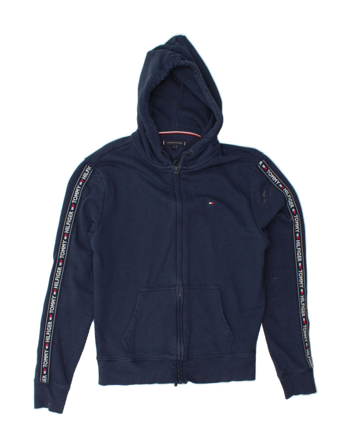 TOMMY HILFIGER Mens Graphic Zip Hoodie Sweater Medium Navy Blue Cotton Vintage Tommy Hilfiger and Second-Hand Tommy Hilfiger from Messina Hembry 