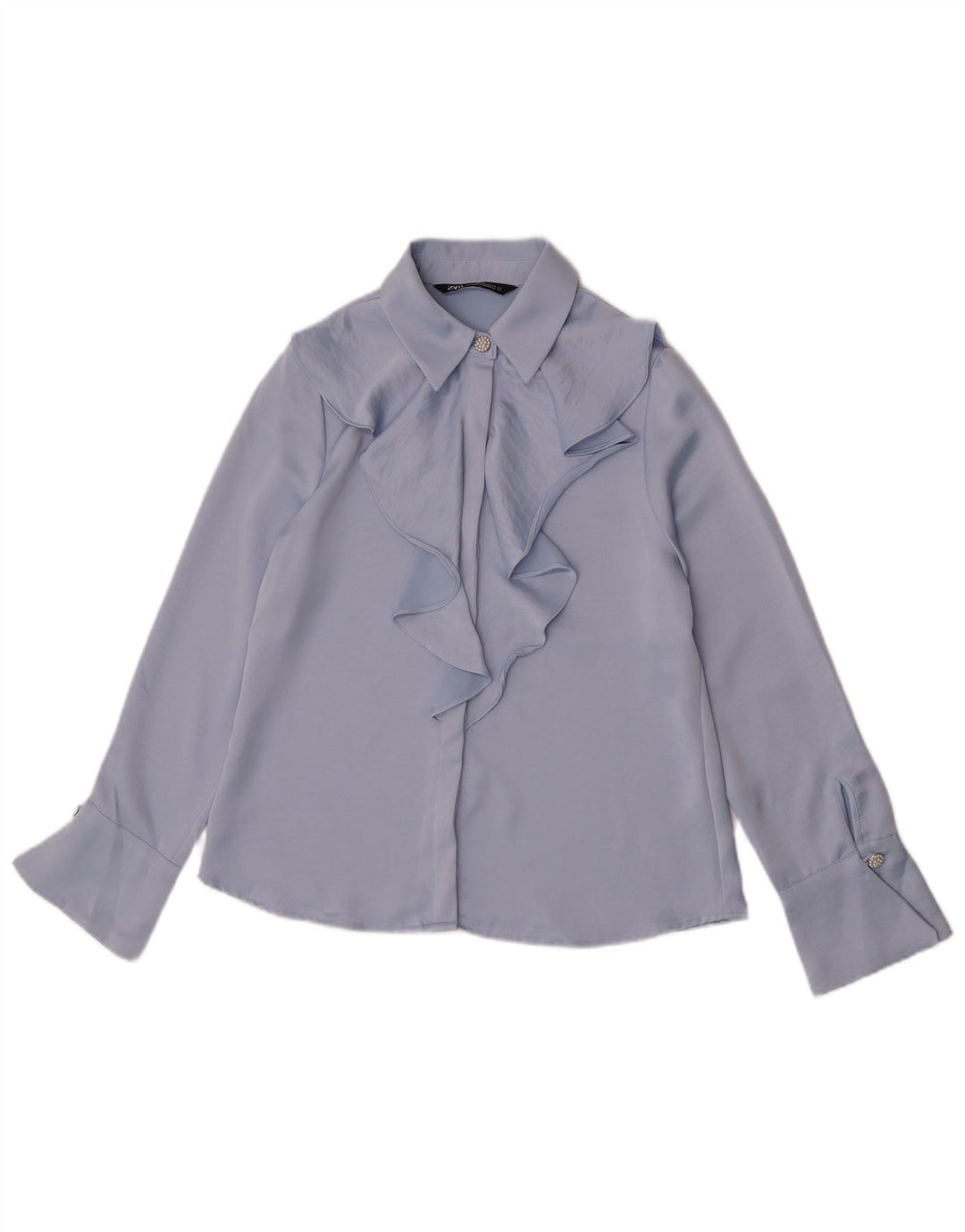 Blusa feminina Zara com babados na frente Reino Unido 6 XS azul poliéster