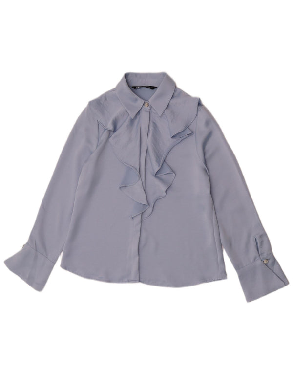 Blusa feminina Zara com babados na frente Reino Unido 6 XS azul poliéster