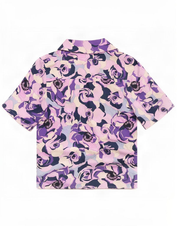 Blusa feminina vintage de manga curta UK 12 Seda floral roxa média