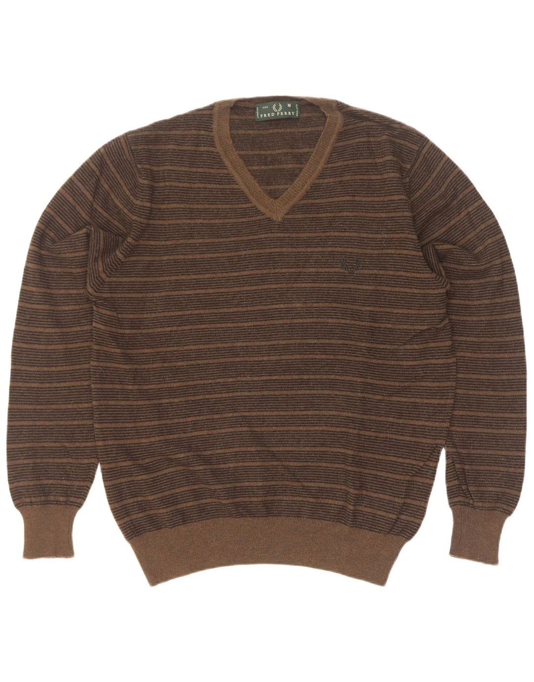 Suéter masculino Fred Perry com decote em V de lã listrada cáqui média