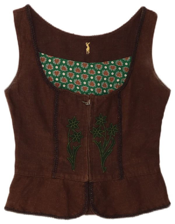 Almsach Womens Waistcoat UK 12 Medium Brown Floral Linen