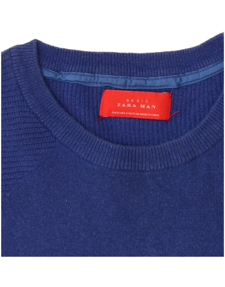 Zara Suéter masculino com gola redonda e algodão azul pequeno