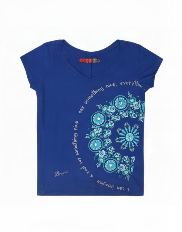 Camiseta feminina Desigual com estampa gráfica UK 14 algodão floral azul médio