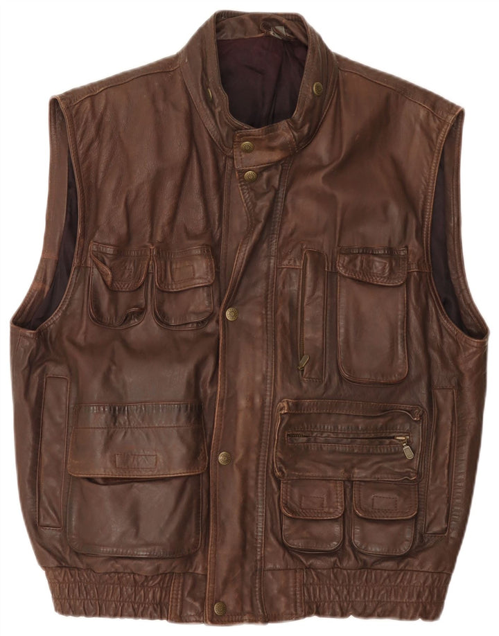 Colete utilitário de couro masculino vintage UK 40 grande marrom
