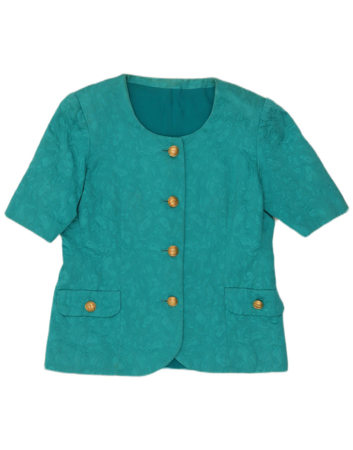 Conjunto de saia feminina vintage abstrata com 4 botões e 2 peças Reino Unido 14 turquesa médio