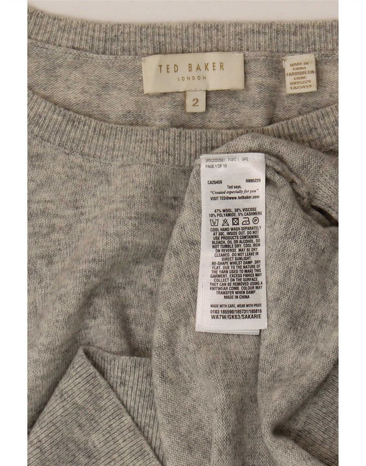 Suéter feminino Ted Baker com gola canoa, tamanho 2, lã cinza pequena