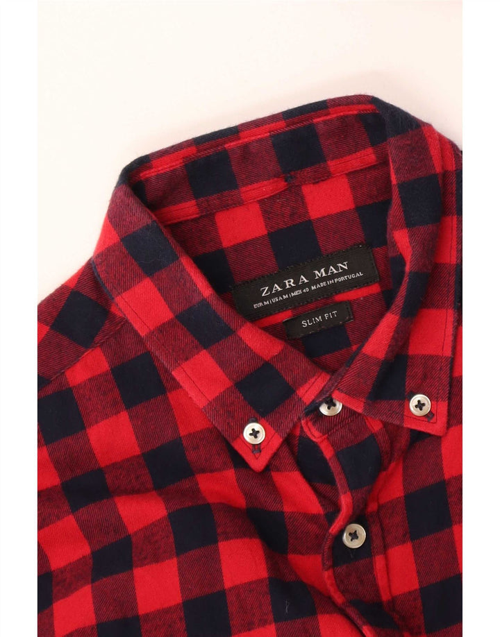 Camisa masculina de flanela Zara Slim Fit média vermelha guingão