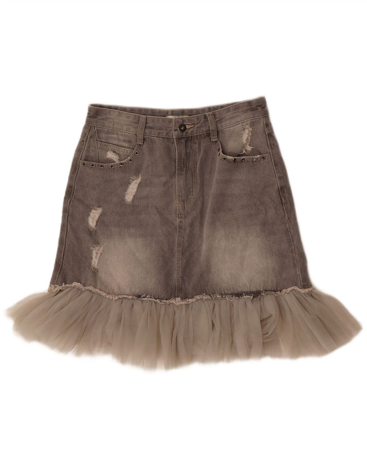 Saia jeans feminina OVS desgastada média W27 algodão cinza
