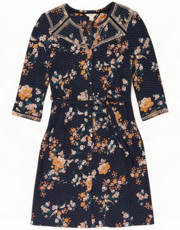 Monsoon Womens 3/4 Sleeve Shirt Dress UK 14 Large Navy Blue Floral Cotton