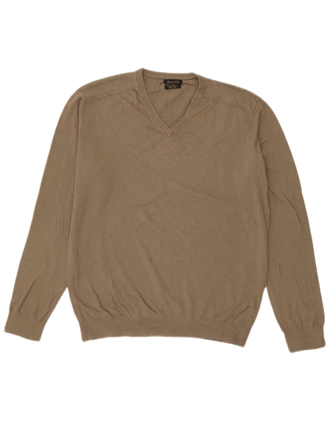 Suéter masculino Massimo Dutti com decote em V, grande algodão cáqui