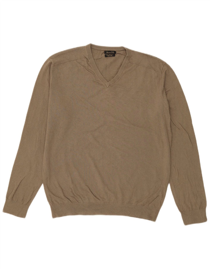 Suéter masculino Massimo Dutti com decote em V, grande algodão cáqui