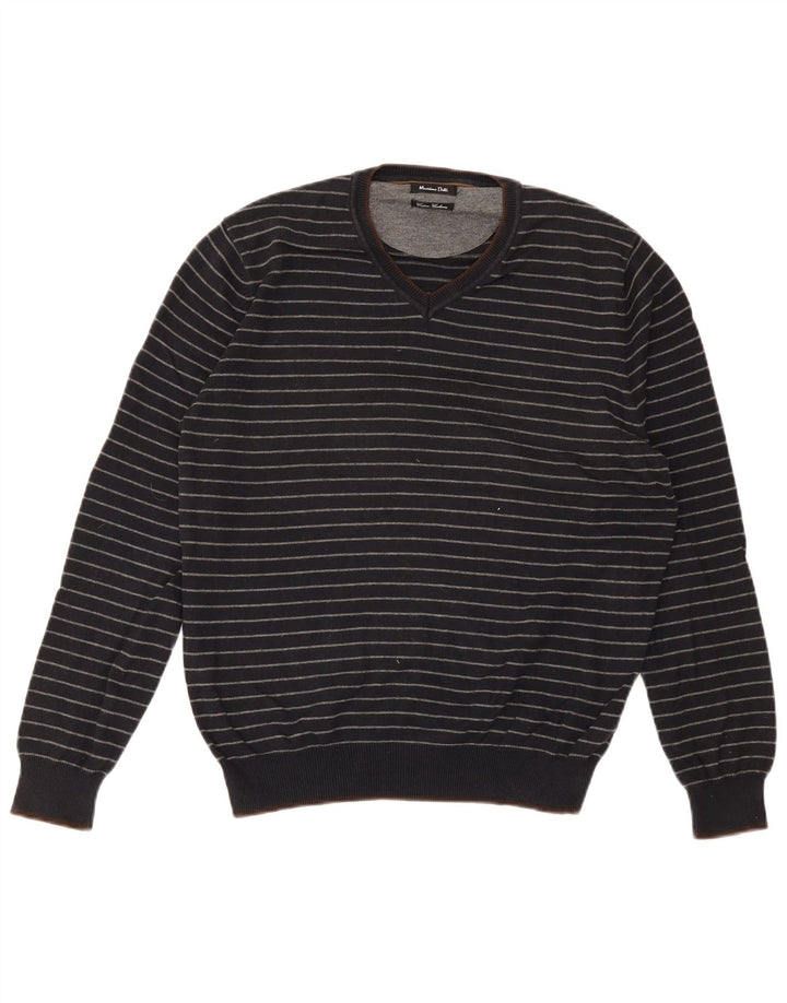 Suéter masculino Massimo Dutti com gola V e algodão listrado azul marinho médio