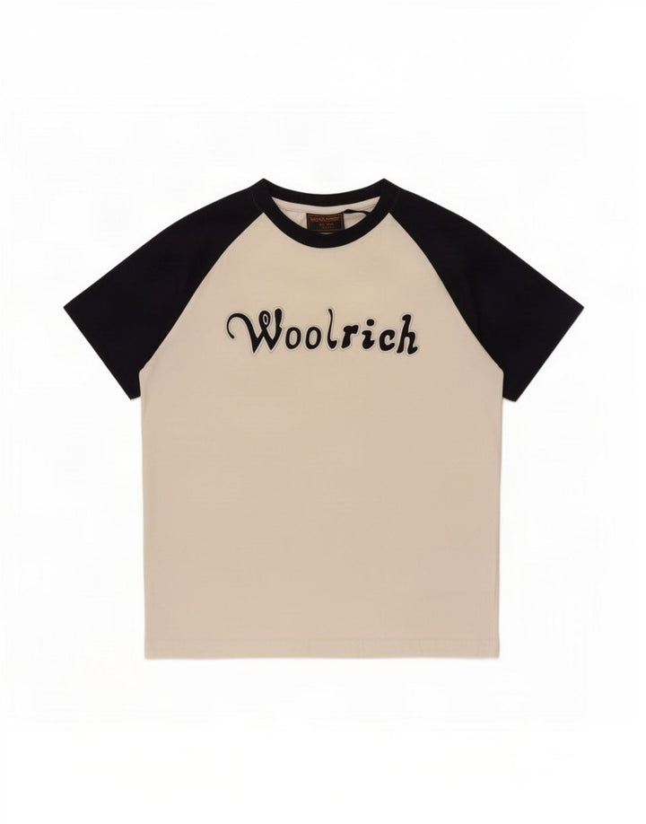 Camiseta masculina Woolrich com estampa gráfica, algodão colorblock branco médio