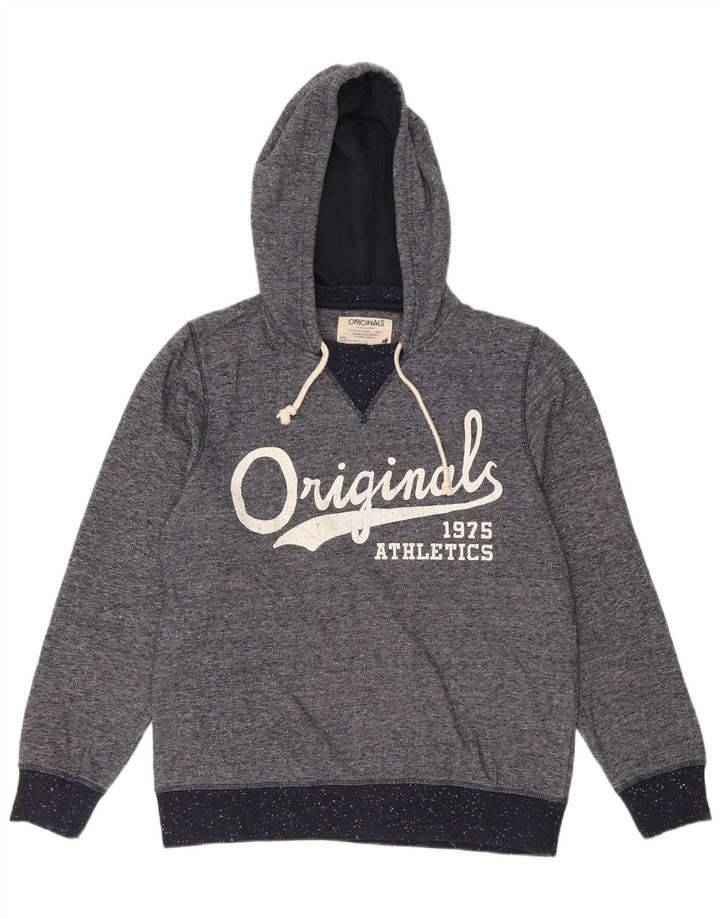JACK & JONES Mens Graphic Hoodie Jumper Large Navy Blue Flecked Polyester