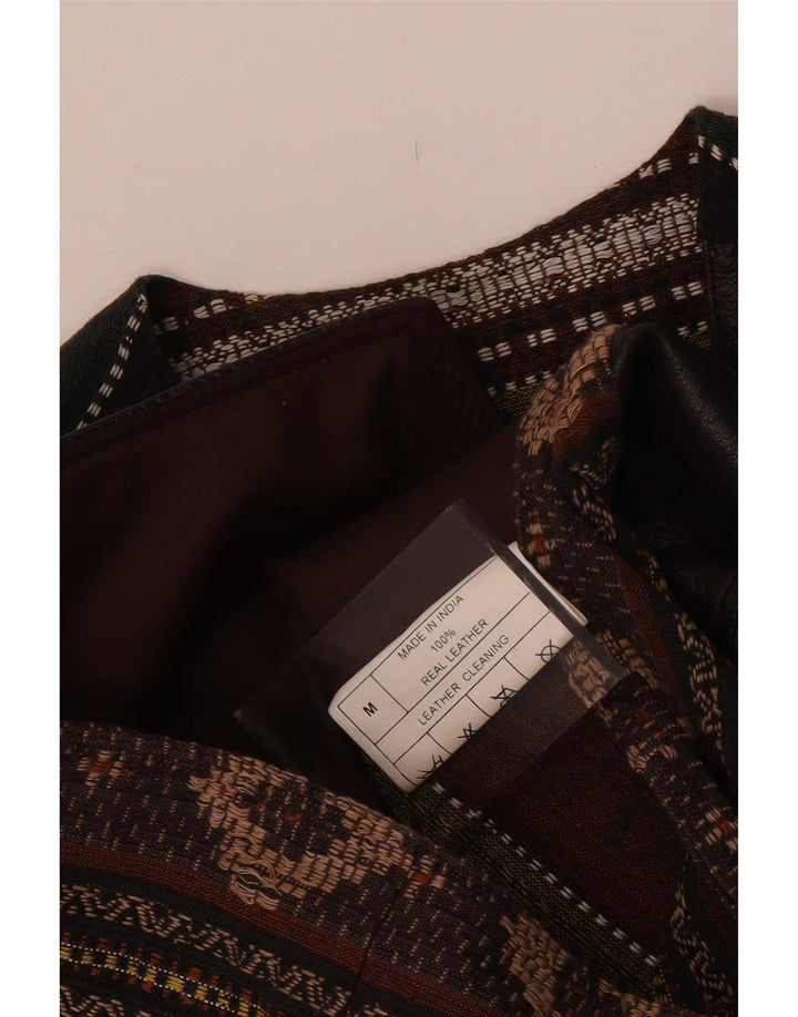Colete de couro masculino vintage médio marrom geométrico