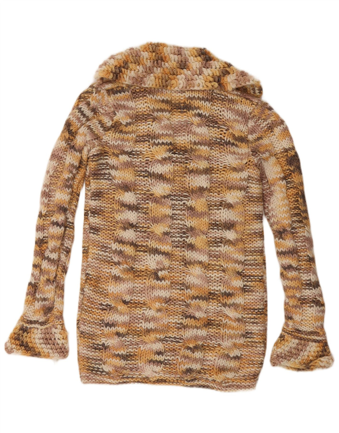 Suéter cardigã feminino vintage Reino Unido 14 grande manchado multicolorido